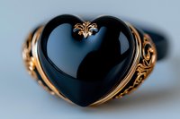 Elegant heart-shaped ring featuring black onyx stone set in ornate gold filigree band with vintage-inspired scrollwork design against soft blue background.