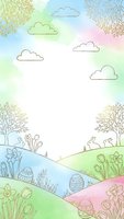 Pastel watercolor spring landscape with Easter eggs, bunnies, trees and flowers creating dreamy seasonal background for greeting cards and decorations.