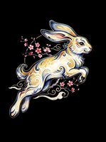 Leaping rabbit in traditional Asian ink art style with cherry blossoms, isolated on transparent background. Great for t-shirts, stickers, and print on demand.