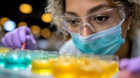 Young female scientist in protective mask and glasses conducting laboratory research with colorful liquid samples in petri dishes, close-up view.