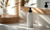 White cosmetic pump bottle on bathroom counter with natural sunlight and shadows, minimal spa composition with wooden decor and dried plants.