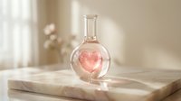 Glass flask with glowing pink heart inside on marble surface, romantic chemistry concept for Valentine's Day, love potion, scientific romance, laboratory glassware.