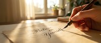 Hand writing believe in yourself motivational quote with fountain pen on paper in warm sunlit room for inspiration and personal development.