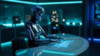 Futuristic humanoid robot with glowing blue circuits working at holographic interface in modern sci-fi laboratory with neon lighting and advanced technology.