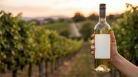 White wine bottle held in hand at vineyard during golden hour sunset with rolling hills and grapevines in background, suitable for wine marketing and beverage branding.