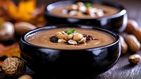 Creamy chestnut soup garnished with roasted nuts and fresh herbs in black ceramic bowl on rustic wooden table with autumn decorative elements.