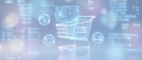Digital shopping cart with e-commerce icons on blurred technology background for online retail and digital marketing concepts.