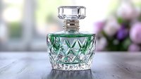 Elegant crystal glass decanter with diamond cut pattern and stopper on wooden surface with blurred floral background for luxury home decor and entertaining.
