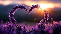 Heart shape formed by purple wildflowers in meadow at sunset with soft bokeh background and golden sunlight creating romantic nature scene.