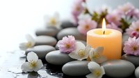 Zen spa composition with burning candle, smooth stones and delicate pink cherry blossoms on white surface for relaxation and wellness treatments.