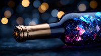 Wine bottle with glowing magical blue and pink light effect inside, dark background with golden bokeh lights creates mystical atmosphere for beverage photography.