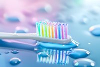Colorful toothbrush with rainbow bristles on wet blue surface with water drops and reflection. Fresh morning dental care concept for oral hygiene.