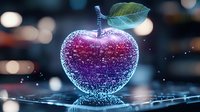 Glowing digital apple with sparkles and neon outline on dark background with bokeh lights, green leaf on top creates magical technological effect.