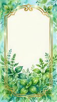 Ornate gold frame with watercolor foliage border and cream center space, featuring green leaves and botanical elements, suitable for invitations, greeting cards, and design templates.