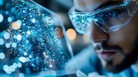 Young professional man wearing smart glasses analyzing digital data visualization with glowing blue particles and network connections in futuristic technology environment.