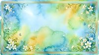 Watercolor floral frame with white flowers, green leaves, and butterflies on a soft blue and yellow gradient background, perfect for cards and invitations.