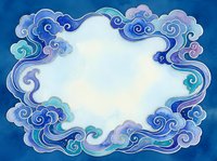 Watercolor blue clouds frame with empty center space, Asian style swirling border in indigo and teal tones for greeting cards and invitations.
