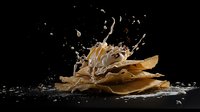 Dramatic coffee splash with cream drops exploding over stacked coffee-colored paper sheets against black background, creating dynamic liquid art motion.