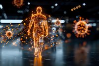 Glowing orange figure made of light particles walking through coronavirus molecules against dark background, representing immune system and viral infection concept.
