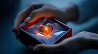 Glowing heart-shaped crystal in hands against dark background, mystical red light emanating from within, creating magical romantic atmosphere.