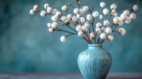 Fluffy white cotton stems arranged in textured turquoise ceramic vase against blurred teal background, creating serene minimalist home decor composition.