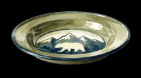 Ceramic bowl with mountain landscape design, isolated on transparent background, ready for clipart, print-on-demand, sublimation, and design projects.