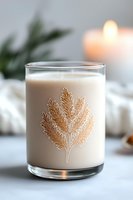 Glass of creamy white drink with golden leaf design decoration against soft blurred background with candle light, creating cozy winter atmosphere.