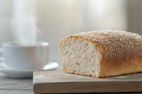 Fresh baked sesame bread loaf on wooden cutting board with steaming hot coffee cup in soft morning light, cozy breakfast atmosphere.