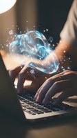 Hands typing on laptop with glowing holographic cloud computing technology and digital data particles floating above keyboard for business innovation.