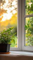 Houseplant on windowsill with soft golden sunset bokeh through window, green leaves catching evening light, creating cozy home atmosphere for lifestyle decor.