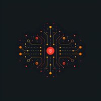 Cybersecurity concept with shield icon at center of digital circuit pattern in red and orange gradient on black background.