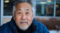 Senior Asian man with gray hair and beard wearing blue winter jacket smiles warmly at camera, conveying wisdom and contentment in outdoor setting. Natural lighting highlights facial features.