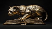 Bronze cat sculpture walking on open antique book against dark background, metallic patina finish creates dramatic lighting effect and mysterious atmosphere.