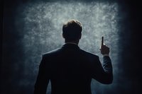 Silhouette of businessman in dark suit raising finger against moody textured background, dramatic lighting creates mysterious atmosphere for business concepts.