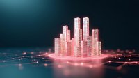 Futuristic digital cityscape with glowing pink skyscrapers on dark background, representing smart city technology and urban development concept.