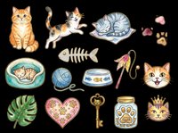 Watercolor cat clipart set with cute kittens, paw prints, fish bones, yarn, and pet accessories, isolated on transparent background. Great for stickers, t-shirt design, and print on demand.