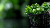 Fresh green peas with happy faces in dark woven basket, creative food styling concept with parsley leaves on blurred natural background.