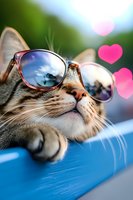 Stylish cat wearing sunglasses relaxing outdoors with pink heart bokeh in background, reflecting summer sky in glasses. Close up portrait shows whiskers and paw.