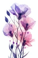 Translucent purple and pink flowers with delicate petals and stems, creating an ethereal x-ray effect against white background.