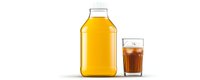 Glass of cola with ice cubes and large plastic bottle filled with yellow juice or soda beverage isolated on white background, ready for packaging design.