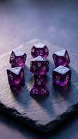 Translucent purple polyhedral dice set with white numbers arranged on slate stone surface for tabletop gaming and role-playing campaigns.