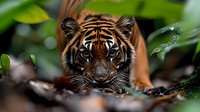 Majestic Sumatran tiger crouching in dense jungle foliage, intense blue eyes focused forward, displaying natural hunting behavior among green leaves and forest floor.
