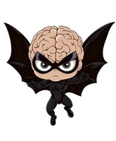 Cartoon character with exposed brain wearing black bat costume and mask, flying pose on isolated background. Great for Halloween designs and children prints.