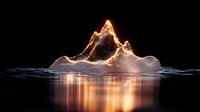 Glowing mountain peak emerging from dark water with luminous orange light outline creating magical reflection on calm surface at night.