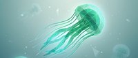 Translucent green jellyfish floating gracefully through deep ocean waters with glowing bioluminescent tentacles and ethereal underwater lighting effects.