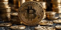 Golden cryptocurrency coin with bitcoin symbol surrounded by stacked coins on reflective surface, showcasing digital currency wealth and investment concept.