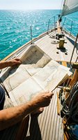 Sailor holding nautical chart on sailboat deck with turquoise ocean and clear sky, planning maritime route during sunny day voyage.