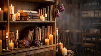 Cozy wooden bookshelf with burning candles, old books, dried herbs and vintage bottles creating warm atmospheric lighting for home decor and reading nook.