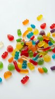 Colorful assorted gummy candies scattered on white background including bears, worms, and fruit shapes for confectionery and sweet treat designs.