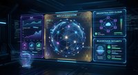 Futuristic blockchain network interface with glowing holographic displays showing cryptocurrency data, web ecosystem connections and decentralized cloud technology.